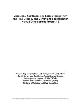 Successes, Challenges and Lesson Learnt from the Post Literacy and Continuing Education for Human Development Project - 2