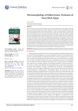 Micromorphology of Pollen Grains, Trichomes of Sweet Basil, Egypt
