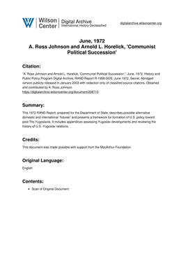 June, 1972 A. Ross Johnson and Arnold L. Horelick, 'Communist Political Succession'