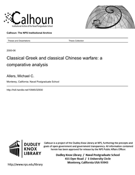 Classical Greek and Classical Chinese Warfare: a Comparative Analysis