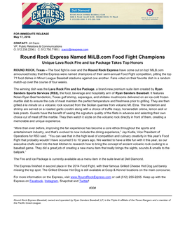 Round Rock Express Named Milb.Com Food Fight Champions Unique Lava Rock Fire and Ice Package Takes Top Honors