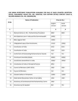 Lok Sabha Secretariat Publications Available for Sale at Sales Counter, Reception Office, Parliament House (Tel