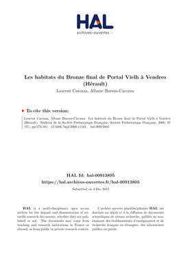 Les Habitats Du Bronze Final De Portal Vielh À Vendres (Hérault) Laurent Carozza, Albane Burens-Carozza