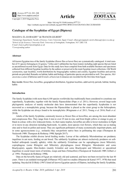 Catalogue of the Syrphidae of Egypt (Diptera)