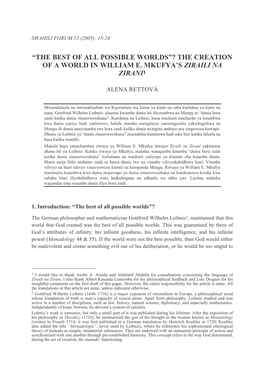 —The Best of All Possible Worlds“? the Creation of a World in William E. Mkufya's Ziraili Na Zirani1