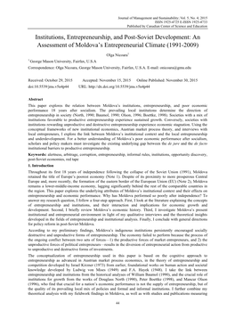 Institutions, Entrepreneurship, and Post-Soviet Development: an Assessment of Moldova’S Entrepreneurial Climate (1991-2009)