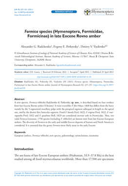 Species (Hymenoptera, Formicidae, Formicinae) in Late Eocene Rovno Amber