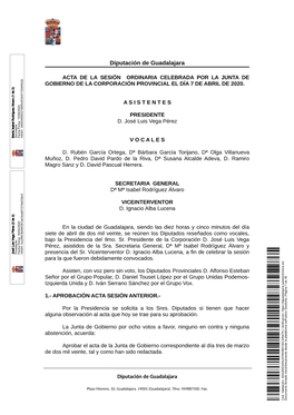 Acta De La Sesión Ordinaria Celebrada Por La Junta De Gobierno De La Corporación Provincial El Día 7 De Abril De 2020