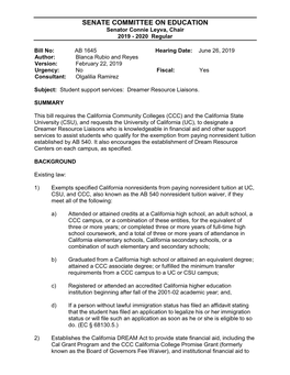 AB 1645 Hearing Date: June 26, 2019 Author: Blanca Rubio and Reyes Version: February 22, 2019 Urgency: No Fiscal: Yes Consultant: Olgalilia Ramirez