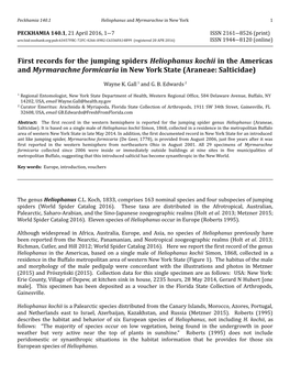 First Records for the Jumping Spiders Heliophanus Kochii in the Americas and Myrmarachne Formicaria in New York State (Araneae: Salticidae)
