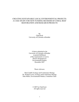 Creating Sustainable Local Environmental Projects: a Case Study for New Funding Methods of Coral Reef Restoration and Research Projects