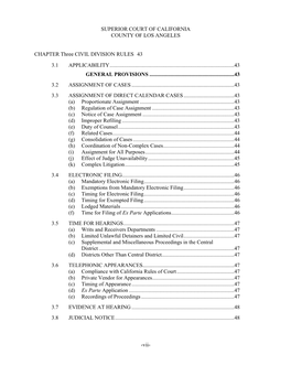 SUPERIOR COURT of CALIFORNIA COUNTY of LOS ANGELES -Vii- CHAPTER Three CIVIL DIVISION RULES 43 3.1 APPLICABILITY