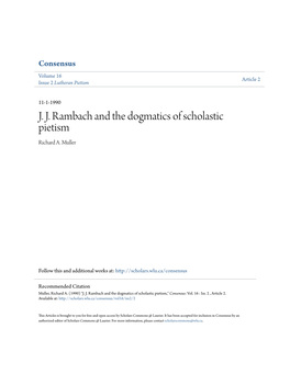 J. J. Rambach and the Dogmatics of Scholastic Pietism Richard A
