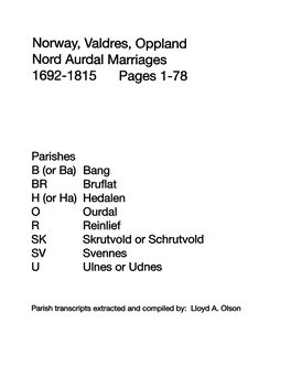 Norway, Valdres, Oppland Nord Aurdal Marriages 1692-1815 Pages 1-78 0