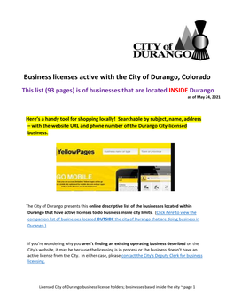 Active Business Licenses Inside Durango. Colorado