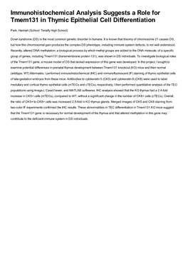 Immunohistochemical Analysis Suggests a Role for Tmem131 in Thymic Epithelial Cell Differentiation