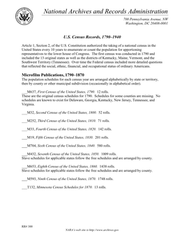 U.S. Census Records, 1790–1940