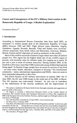 Causes and Consequences of the EU's Military Intervention in the Democratic Republic of Congo: a Realist Explanation*