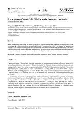 A New Species of Coleusia Galil, 2006 (Decapoda: Brachyura: Leucosiidae) from Southern Asia