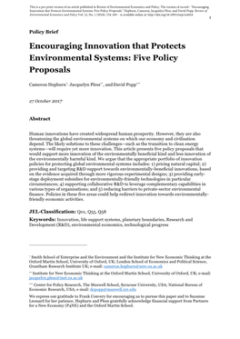 Encouraging Innovation That Protects Environmental Systems: Five Policy Proposals.