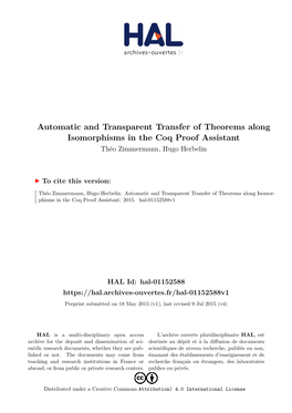 Automatic and Transparent Transfer of Theorems Along Isomorphisms in the Coq Proof Assistant Théo Zimmermann, Hugo Herbelin