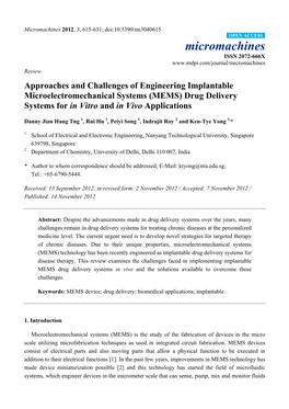 Approaches and Challenges of Engineering Implantable Microelectromechanical Systems (MEMS) Drug Delivery Systems for in Vitro and in Vivo Applications