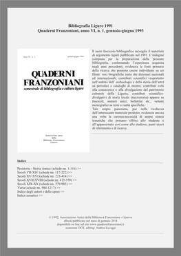 Bibliografia Ligure 1991 Quaderni Franzoniani, Anno VI, N. 1, Gennaio-Giugno 1993