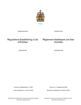 Regulations Establishing a List of Entities Règlement Établissant Une Liste D'entités