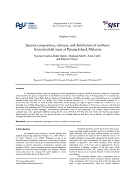 Species Composition, Richness, and Distribution of Molluscs from Intertidal Areas at Penang Island, Malaysia