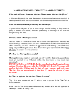 Marriage Licenses - Frequently Asked Questions