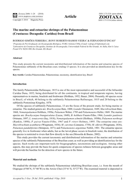 Zootaxa, the Marine and Estuarine Shrimps of the Palaemoninae