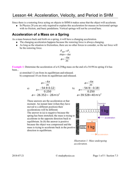 Lesson 44: Acceleration, Velocity, and Period in SHM