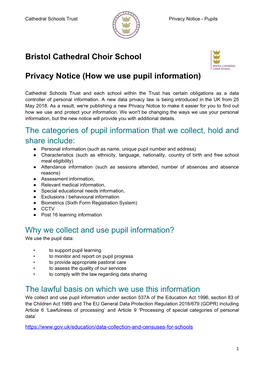 Bristol Cathedral Choir School Privacy Notice (How We Use Pupil