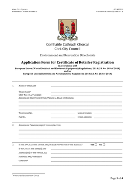 Application Form for Certificate of Retailer Registration in Accordance with European Union (Waste Electrical and Electronic Equipment) Regulations, 2014 (S.I