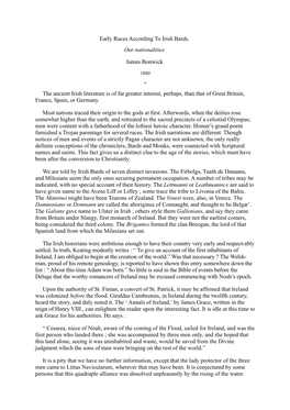 Early Races According to Irish Bards. Our Nationalities James Bonwick the Ancient Irish Literature Is of Far Greater Interest, P