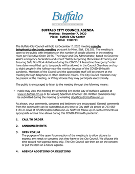 BUFFALO CITY COUNCIL AGENDA Meeting: December 7, 2020 Place: Buffalo City Center Time: 7:00 PM