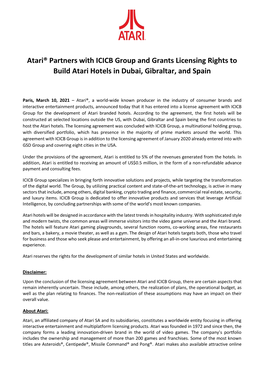 Atari® Partners with ICICB Group and Grants Licensing Rights to Build Atari Hotels in Dubai, Gibraltar, and Spain