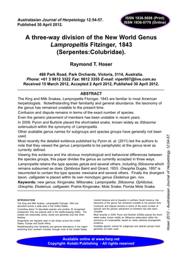 A Three-Way Division of the New World Genus Lampropeltis Fitzinger, 1843 (Serpentes:Colubridae)