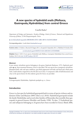 Mollusca, Gastropoda, Hydrobiidae) from Central Greece 53 Doi: 10.3897/Zookeys.138.1927 Research Article Launched to Accelerate Biodiversity Research