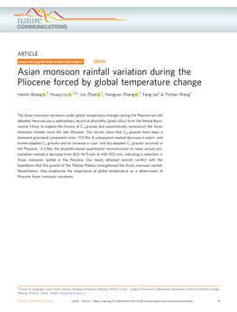 Asian Monsoon Rainfall Variation During the Pliocene Forced by Global Temperature Change