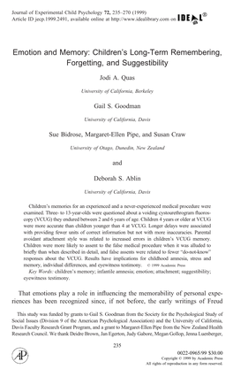 Emotion and Memory: Children’S Long-Term Remembering, Forgetting, and Suggestibility