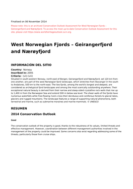 West Norwegian Fjords – Geirangerfjord and Nærøyfjord - 2014 Conservation Outlook Assessment (Archived)