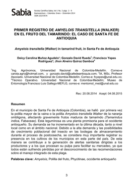 Primer Registro De Amyelois Transitella (Walker) En El Fruto Del Tamarindo: El Caso De Santa Fe De Antioquia