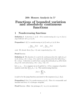 Functions of Bounded Variation and Absolutely Continuous Functions