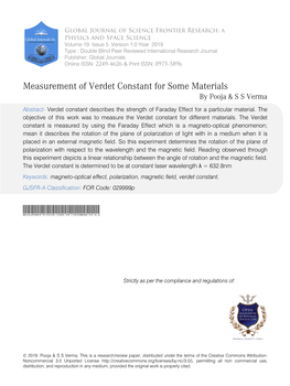 Measurement of Verdet Constant for Some Materials by Pooja & S S Verma