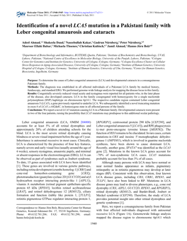 Identification of a Novel LCA5 Mutation in a Pakistani Family with Leber Congenital Amaurosis and Cataracts