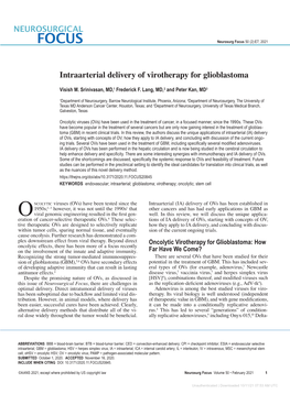 Intraarterial Delivery of Virotherapy for Glioblastoma
