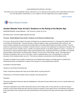 Jihadist Website Posts Al-Libi's 'Guidance on the Ruling of the Muslim Spy' GMP20090708342001 Jihadist Websites -- OSC Summary in Arabic 30 Jun 09