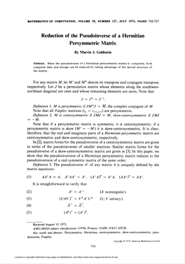 Reduction of the Pseudoinverse of a Hermitian Persymmetric Matrix