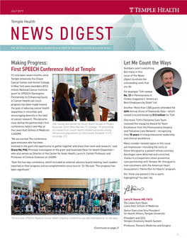 Temple Health NEWS DIGEST for All Faculty, Physicians, Students and Staff of Temple’S Healthcare Enterprise
